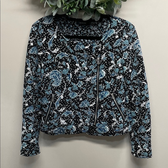 Glassons Quilted Black Floral Moto Bomber Jacket Exposed Zipper Details M - Picture 1 of 16
